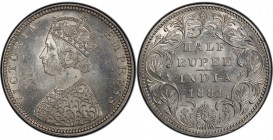BRITISH INDIA: Victoria, Empress, 1876-1901, AR ½ rupee, 1881(b), KM-491, rare date in mint state! PCGS graded MS63, R. 

Estimate: USD 1500-2000