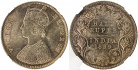 BRITISH INDIA: Victoria, Empress, 1876-1901, AR ½ rupee, 1899-B, KM-491, retrograde mintmark, golden toned luster, NGC graded MS62.

Estimate: USD 1...