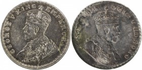 BRITISH INDIA: George V, 1910-1936, AR rupee, ND, KM-524, obverse mirror brockage error, small scratch on obverse, lovely multicolored toning, AU Know...