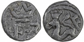 TRANQUEBAR: Frederik III, 1648-1670, lead kas (2.54g), ND, KM-81, Jensen-109, crowned F3 // crowned Norse lion left, on curved battle-axe, letter E be...