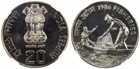 INDIA: Republic, copper-nickel 20 rupees, 1986(B), KM-242, F.A.O. Fisheries commemorative, NGC graded MS65.

Estimate: USD 100-120