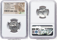 CALABRIA. Tarentum. Ca. 302-280 BC. AR didrachm (22mm, 7.97 gm, 7h). NGC Choice AU 4/5 - 4/5. Eu- and Euarchidas, magistrates. Nude youth on horse rea...