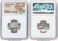 CALABRIA. Tarentum. Ca. 302-280 BC. AR didrachm (22mm, 12h). NGC Choice VF. Philiarchus, Sa-, and Aga-, magistrates. Nude youth on horse standing righ...