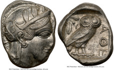 ATTICA. Athens. Ca. 440-404 BC. AR tetradrachm (25mm, 17.15 gm, 1h). NGC AU 3/5 - 4/5. Mid-mass coinage issue. Head of Athena right, wearing earring, ...