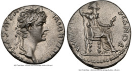 Tiberius (AD 14-37). AR denarius (17mm, 3.72 gm, 9h). NGC AU 4/5 - 2/5. Lugdunum, ca. AD 18-35. TI CAESAR DIVI-AVG F AVGVSTVS, laureate head of Tiberi...