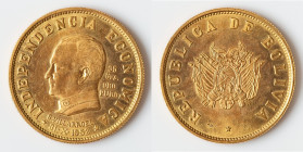 Republic gold "Bolivian National Revolution" 50 Bolivianos (35 Gramos) 1952 AU, Paris mint, KM-X13. 35.8mm. 38.93gm. Mintage: 2857. HID09801242017 © 2...