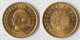 Republic gold "Bolivian National Revolution" 50 Bolivianos (35 Gramos) 1952 XF, Paris mint, KM-X13. 35.8mm. 38.95gm. Mintage: 2857. HID09801242017 © 2...