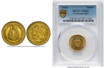 Republic gold Ducat 1925 MS62 PCGS, Kremnitz mint, KM8,, Fr-2. Accompanied by (M.L. Teller) dealer tag. Lustrous and aesthetically pleasing but kept f...