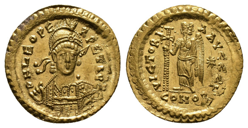 LEO I (457-474). GOLD Solidus. Constantinople.
Obv: D N LEO PERPET AVG.
Helmeted...