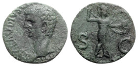 Claudius (41-54). Æ As (24mm, 5.93g, 6h). Rome. Bare head l. R/ Minerva, wearing aegis, advancing r., brandishing spear with r. hand and holding round...