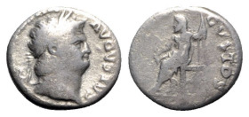 Nero (54-68). AR Denarius (17mm, 2.99g, 6h). Rome, c. 67-8. Laureate head r. R/ Jupiter seated l., holding thunderbolt and sceptre. RIC I 69; RSC 123....
