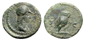 Anonymous, time of Domitian to Antoninus Pius, 81-161. Æ Quadrans (15.5mm, 1.91g, 6h). Rome. Helmeted bust of Minerva r. R/ Owl standing r. RIC II 7. ...