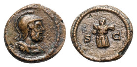 Anonymous, time of Domitian to Antoninus Pius, 81-161. Æ Quadrans (15mm, 2.58g, 6h). Rome. Helmeted and cuirassed bust of Mars r. R/ Cuirass. RIC II 1...