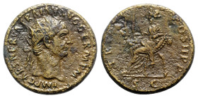 Trajan (98-117). Æ Dupondius (27.5mm, 12.39g, 6h). Rome, AD 100. Radiate head r. R/ Abundantia seated l. on chair formed of two cornucopia, holding sc...