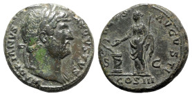 Hadrian (117-138). Æ As (27mm, 12.79g, 6h). Rome, 125-8. Laureate bust r., slight drapery. R/ Salus standing l., holding sceptre and feeding from pate...