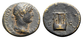 Hadrian (117-138). Æ Semis (18mm, 3.60g, 6h). Rome, 125-8. Laureate and draped bust r. R/ Lyre. RIC II 688. Brown patina, Good VF