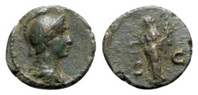Anonymous, temp. Hadrian–Antoninus Pius, 117-161. Æ Quadrans (14mm, 2.05g, 6h). Rome. Helmeted and draped bust r. R/ Aequitas standing l., holding sca...