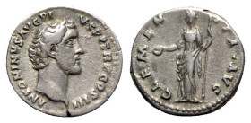 Antoninus Pius (138-161). AR Denarius (17mm, 3.40g, 6h). Rome, c. 141-3. Bare head r. R/ Clementia standing l., holding patera and sceptre. RIC III 64...