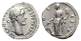 Antoninus Pius (138-161). AR Denarius (18mm, 2.80g, 6h). Rome, 149-150. Laureate head r. R/ Fortuna standing l., holding rudder and cornucopia. RIC II...
