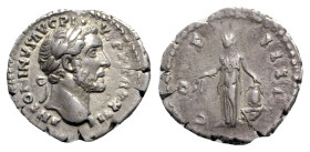 Antoninus Pius (138-161). AR Denarius (19mm, 2.88g, 12h). Rome, AD 155. Laureate head r. R/ Annona standing l., holding grain ears, l. hand on modius ...