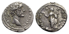 Antoninus Pius (138-161). AR Denarius (17mm, 3.03g, 6h). Rome, AD 157. Laureate head r. R/ Annona standing r., l. foot on prow, holding rudder set on ...