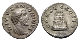 Divus Antoninus Pius (died AD 161). AR Denarius (18mm, 2.70g, 6h). Rome, AD 161. Bare head r. R/ Funeral pyre of four tiers, decorated with garlands, ...