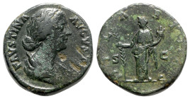 Faustina Junior (Augusta, 147-175). Æ Sestertius (31mm, 23.70g, 12h). Rome, 161-175. Draped bust r. R/ Hilaritas standing l., holding palm branch and ...