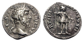 Lucius Verus (161-169). AR Denarius (17.5mm, 2.76g, 6h). Rome, AD 164. Laureate head r. R/ Mars standing r., holding spear and round shield. RIC III 5...