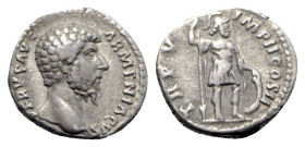 Lucius Verus (161-169). AR Denarius (17mm, 3.50g, 6h). Rome, AD 165. Laureate head r. R/ Mars standing r., holding spear and shield set on ground. RIC...