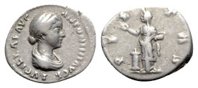 Lucilla (Augusta, 164-182). AR Denarius (18mm, 3.23g, 6h). Rome, 161-2. Draped bust r. R/ Pietas standing l., extending hand over altar and holding pe...