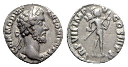 Commodus (177-192). AR Denarius (17mm, 2.97g, 6h). Rome, AD 182. Laureate head r. R/ Mars walking r., holding transverse spear and trophy over shoulde...