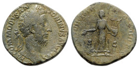 Commodus (177-192). Æ Sestertius (31mm, 18.95g, 6h). Rome, AD 184. Laureate head r. R/ Apollo standing l., holding patera and lyre. RIC III 398. Green...