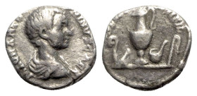Caracalla (Caesar, 196-198). AR Denarius (17mm, 2.46g, 12h). Rome, AD 196. Bare-headed and draped bust r. R/ Priestly implements: lituus, cultellus, c...