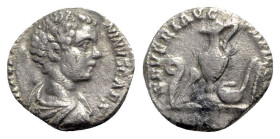 Caracalla (Caesar, 196-198). AR Denarius (17mm, 2.70g, 12h). Rome, AD 196. Bare-headed and draped bust r. R/ Priestly implements: lituus, cultellus, c...