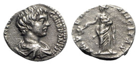 Caracalla (Caesar, 196-198). AR Denarius (17mm, 3.38g, 6h). Rome, 196-8. Bare-headed and draped bust r., seen from behind. R/ Felicitas standing l., h...