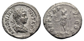 Caracalla (198-217). AR Denarius (19.5mm, 2.17g, 12h). Rome, AD 203. Laureate and draped bust r. R/ Roma standing l., holding Victory and reverse spea...
