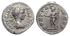 Caracalla (198-217). AR Denarius (19mm, 3.65g, 6h). Rome, AD 203. Laureate and draped bust r. R/ Roma standing l., holding Victory and reverse spear. ...