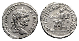 Caracalla (198-217). AR Denarius (20mm, 3.35g, 6h). Rome, AD 210. Laureate head r. R/ Concordia seated l., holding patera and cornucopia. RIC IV 116a;...