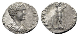 Caracalla (198-217). AR Denarius (17mm, 2.42g, 6h). Laodicea ad Mare. Bareheaded, draped and cuirassed bust r. R/ Minerva standing l., holding spear a...