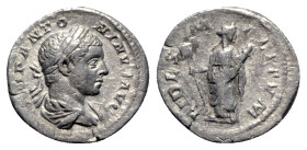Elagabalus (218-222). AR Denarius (19mm, 2.91g, 6h). Rome, 219-220. Laureate and draped bust r. R/ Fides standing l., looking r., holding two standard...