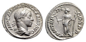 Severus Alexander (222-235). AR Denarius (20mm, 2.85g, 6h). Rome, AD 224. Laureate and draped bust r. R/ Pax standing facing, head l., holding sceptre...