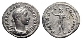 Severus Alexander (222-235). AR Denarius (19mm, 1.80g, 12h). Rome, AD 231. Laureate, draped and cuirassed bust r. R/ Sol standing l., raising hand and...