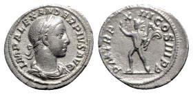 Severus Alexander (222-235). AR Denarius (20mm, 2.52g, 12h). Rome, AD 234. Laureate, draped and cuirassed bust r. R/ Sol standing l., raising hand and...