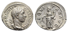 Severus Alexander (222-235). AR Denarius (20mm, 2.77g, 12h). Rome, 222-8. Laureate and draped bust r. R/ Aequitas standing facing, head l., holding co...