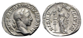 Severus Alexander (222-235). AR Denarius (20mm, 3.32g, 12h). Rome, AD 225. Laureate head r. R/ Fides standing l., holding standard in each hand. RIC I...