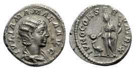 Julia Mamaea (Augusta, 222-235). AR Denarius (19mm, 3.30g, 6h). Rome, AD 222. Draped bust r. R/ Juno standing slightly l., holding patera and sceptre;...