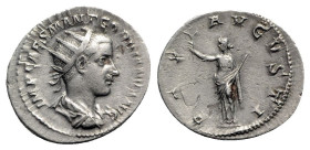 Gordian III (238-244). AR Antoninianus (23mm, 4.21g, 1h). Rome, AD 238. Radiate, draped and cuirassed bust r. R/ Pax standing l., holding olive branch...