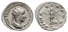 Gordian III (238-244). AR Antoninianus (23mm, 4.09g, 6h). Rome, AD 238. Radiate, draped and cuirassed bust r., seen from behind. R/ Victory advancing ...