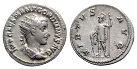 Gordian III (238-244). AR Antoninianus (22mm, 4.22g, 1h). Rome, 238-9. Radiate, draped and cuirassed bust r. R/ Virtus standing l., resting r. hand on...