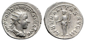 Gordian III (238-244). AR Antoninianus (23mm, 5.40g, 12h). Rome, 239-240. Radiate, draped, and cuirassed bust r. R/ Liberalitas standing l., holding a...